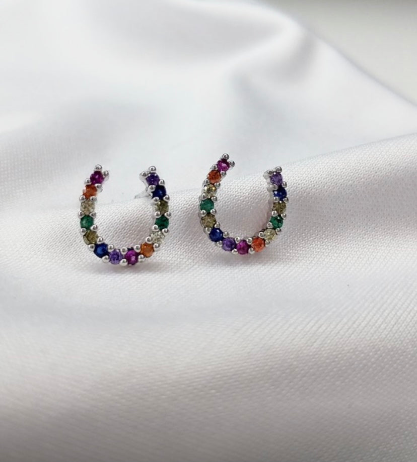 Lucky Rainbow White Gold CZ Horseshoe Earrings